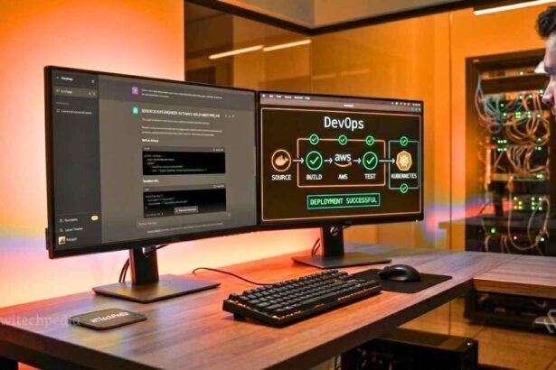 A Devops Engineer Using The Best Prompts For Devops To Automate Deployment With Ai On A High-Tech Dual-Monitor Setup.