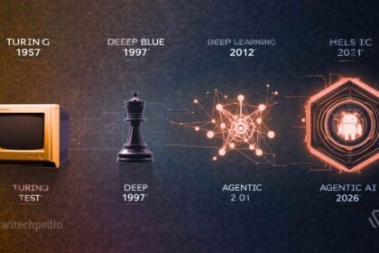 A Timeline Illustration Showing The History Of Artificial Intelligence, Evolving From The 1950 Turing Test Mainframe To 2026 Agentic Ai And Robotics.