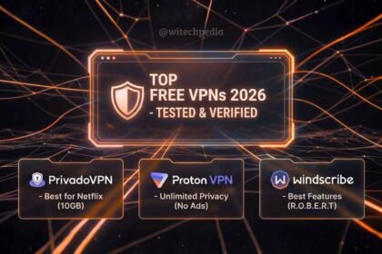 Best Free Vpn Services Of 2026 Comparison Collage Featuring Privadovpn, Proton Vpn, And Windscribe Logos On A Secure Shield Background.