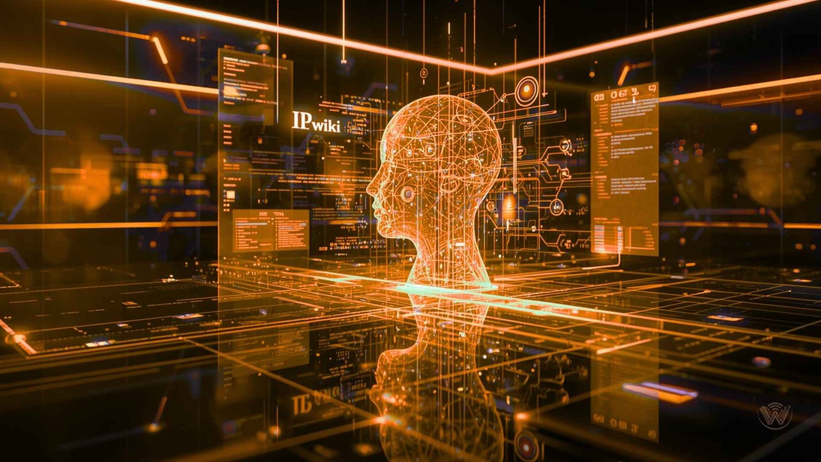 Futuristic visualization of Artificial Intelligence, Machine Learning, and Deep Learning Neural Networks processing data for an AI Wiki.