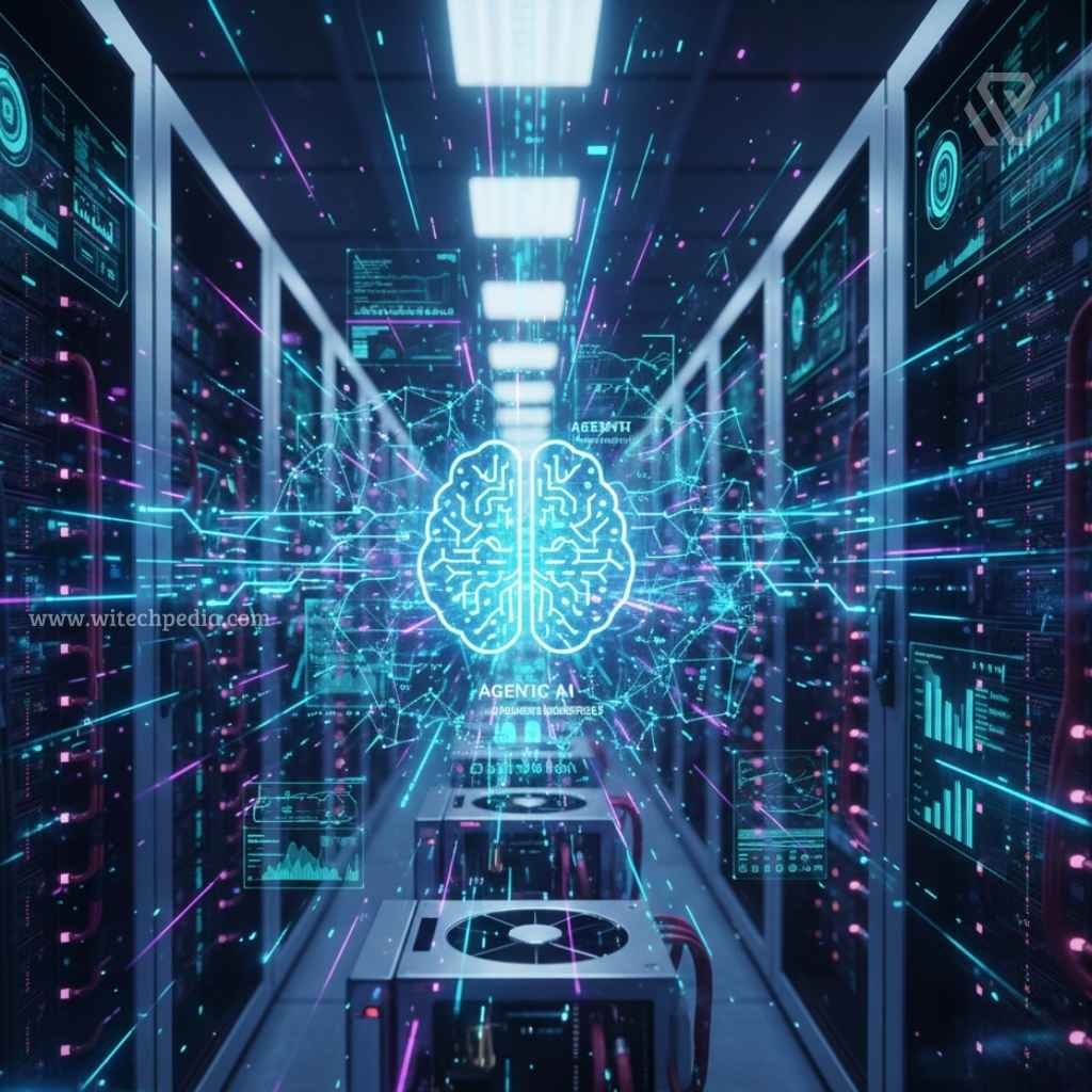 Close-up of a high-performance GPU cluster with digital overlays showing AI agent workflows.