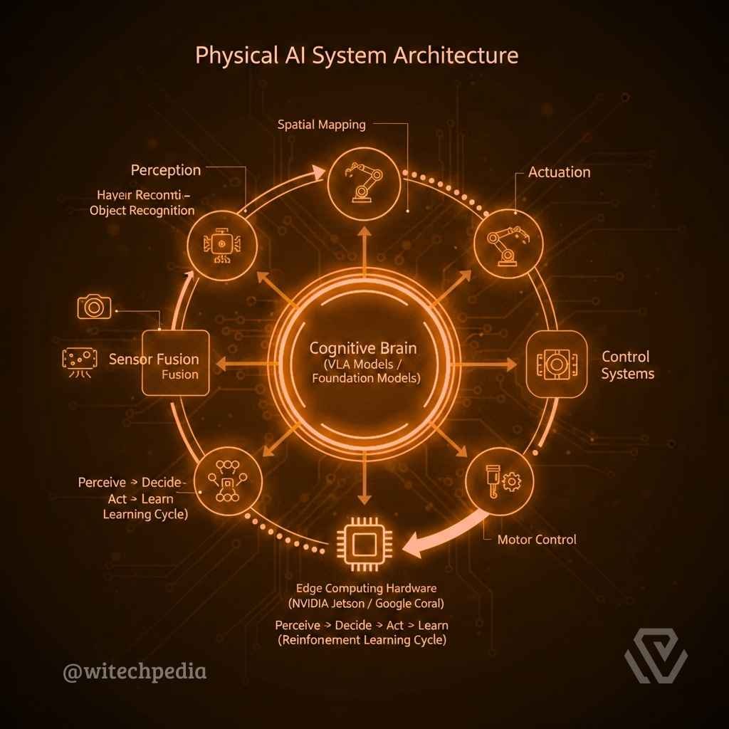 Detailed Diagram Of Physical Ai Architecture Showing The Feedback Loop Between Sensors, Cognitive Brain, And Actuation.