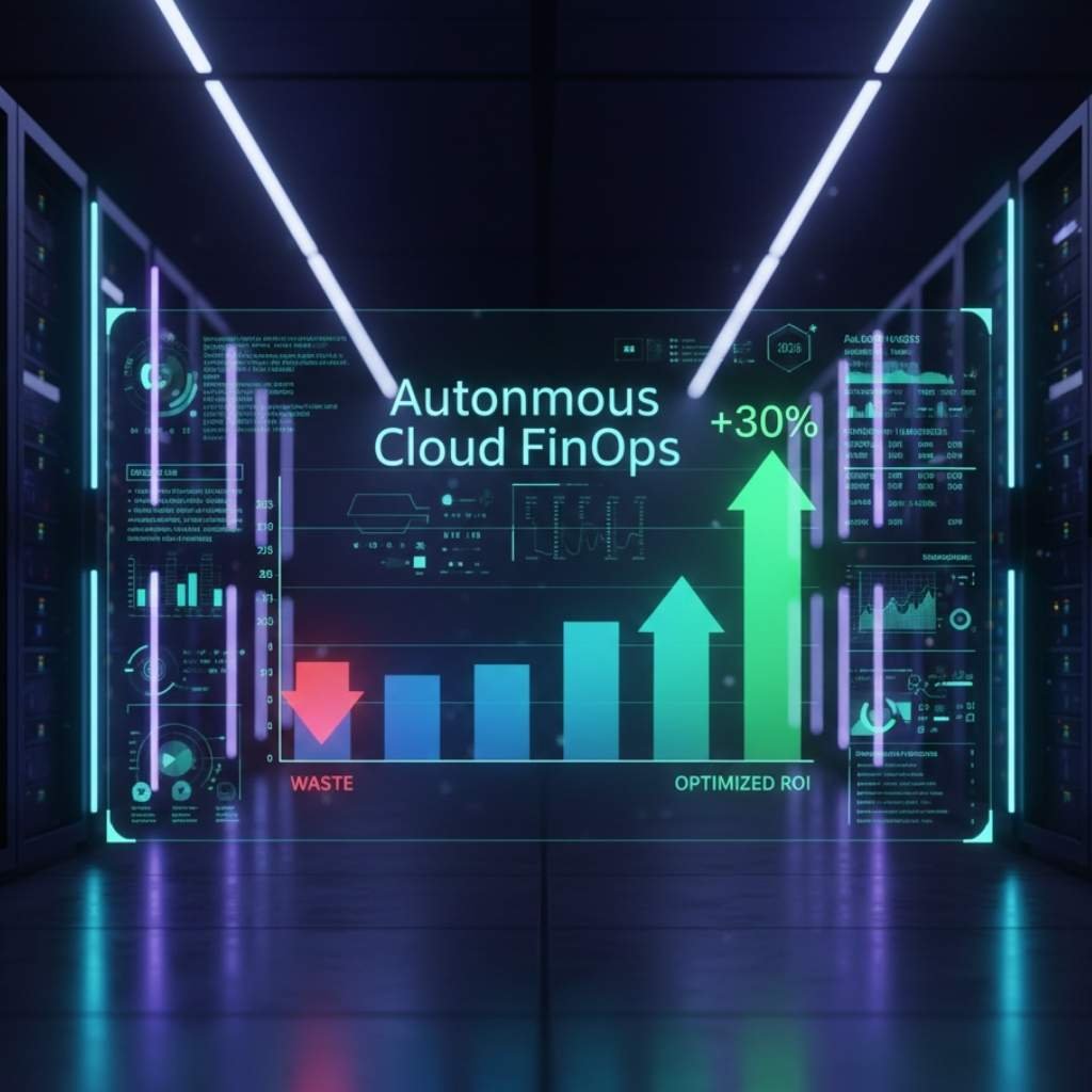 A futuristic 3D bar chart showing a decrease in cloud waste and optimized ROI through FinOps.