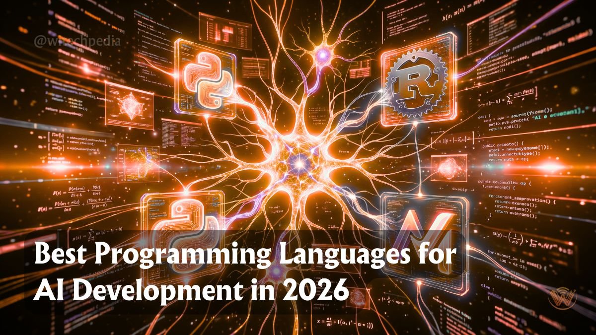 A futuristic digital representation of the best languages for AI including Python, Rust, and Mojo