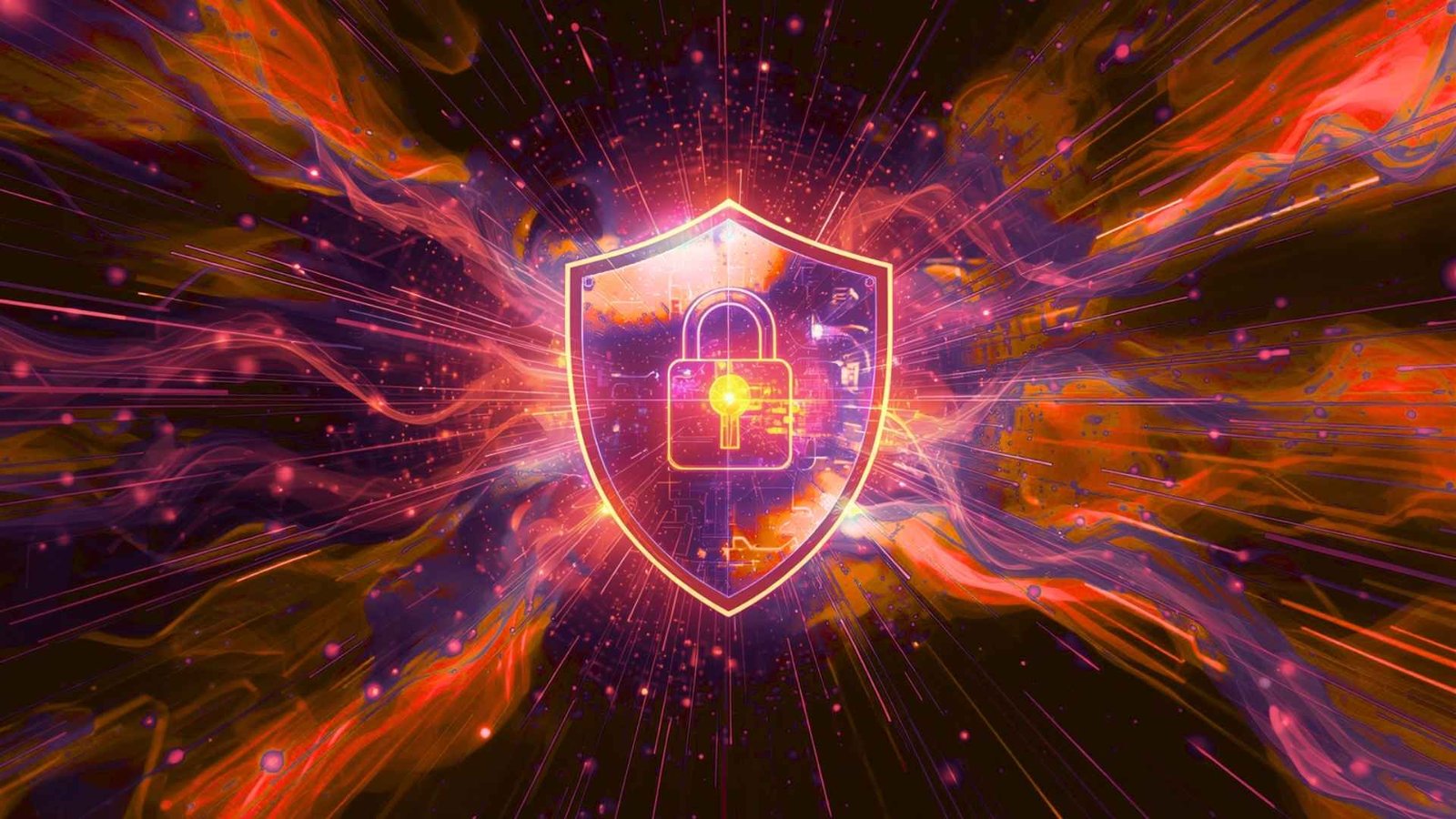Digital glowing shield representing Cybersecurity, Information Security, and Network Security defending against Cyber Threats.