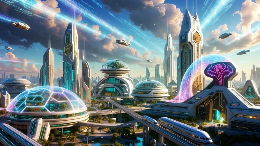 A conceptual illustration of a high-tech futuristic cityscape with integrated AI elements, neural networks, and advanced tech structures under a dynamic sky, representing future trends in machine learning and deep learning.