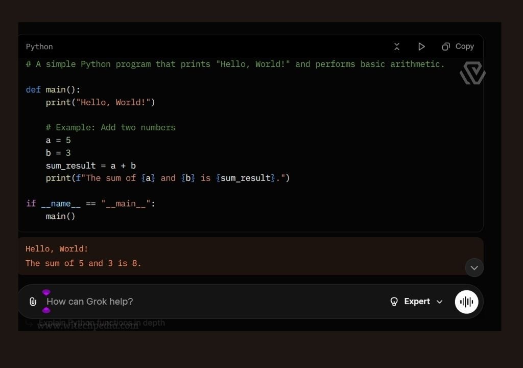 Grok AI performing native Python code execution in a REPL environment within the chat window.