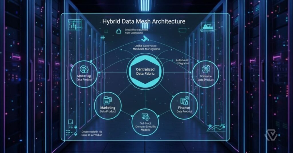 Technical diagram showing the integration of a centralized data fabric with decentralized data mesh nodes.