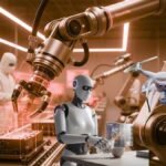 A comprehensive visualization of Physical AI in action, featuring an autonomous humanoid robot, industrial robotic arms, and a delivery drone in a smart factory environment with digital HUD overlays.