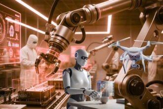 A Comprehensive Visualization Of Physical Ai In Action, Featuring An Autonomous Humanoid Robot, Industrial Robotic Arms, And A Delivery Drone In A Smart Factory Environment With Digital Hud Overlays.