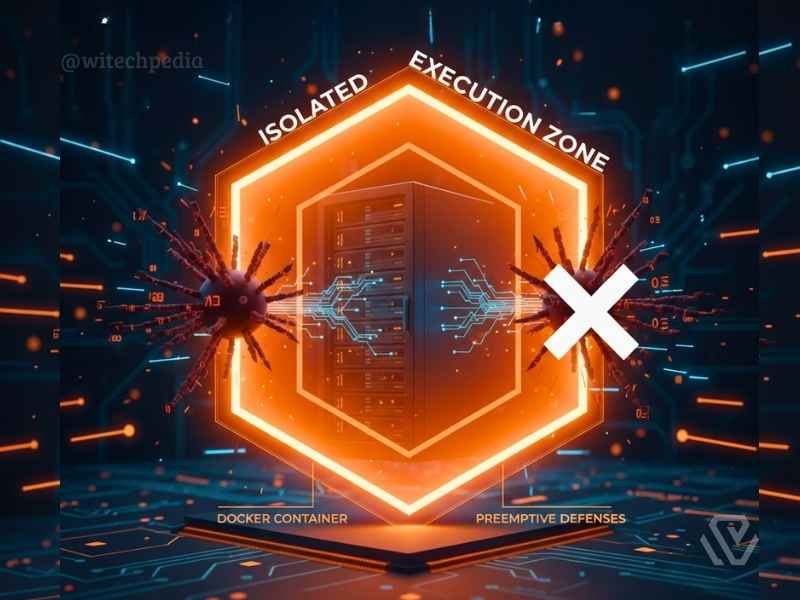 A conceptual 3D graphic showing a secure sandbox environment used to build agentic AI and protect against malicious code execution.