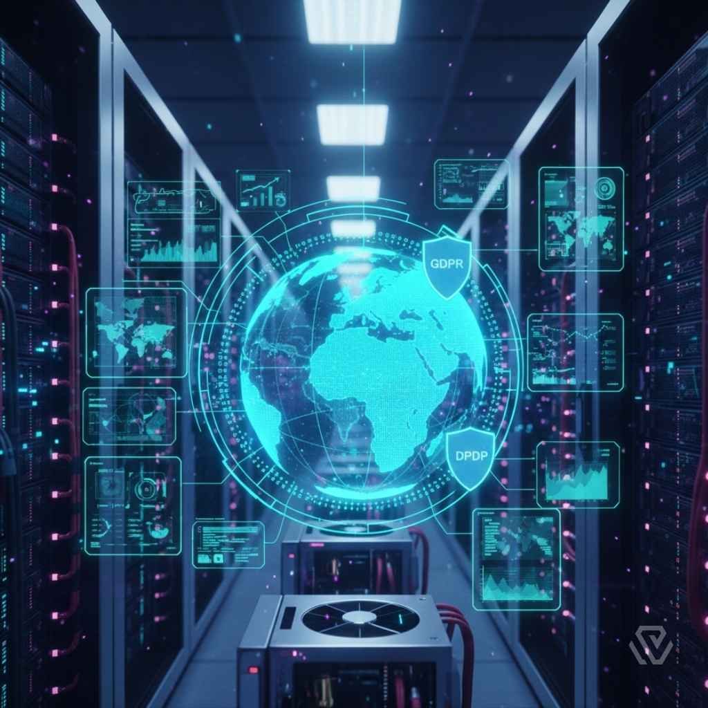 A digital globe with highlighted regional zones representing sovereign cloud data boundaries in Europe and India.