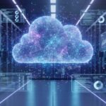 A futuristic data center showing top cloud trends for data management in 2026 with AI-integrated infrastructure and digital mesh networks.