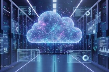 A futuristic data center showing top cloud trends for data management in 2026 with AI-integrated infrastructure and digital mesh networks.