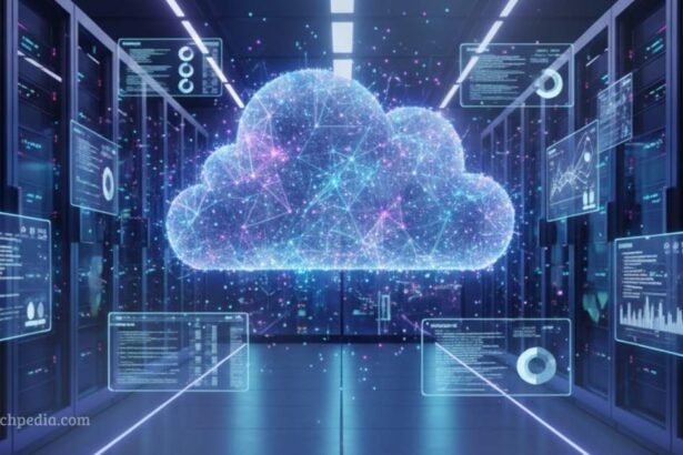 A futuristic data center showing top cloud trends for data management in 2026 with AI-integrated infrastructure and digital mesh networks.