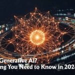 What is Generative AI concept showing neural network streams and glowing data nodes on dark background