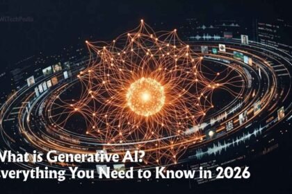 What is Generative AI concept showing neural network streams and glowing data nodes on dark background