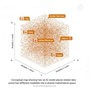 A 3D mathematical scatter plot showing different conceptual data points like "dog" and "Golden Retriever" clustered together.