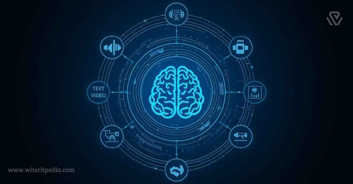 Multimodal AI featured image contains A high-tech digital brain icon at the center of a circular network connecting text, vision, audio, and video modalities on a dark blue background.