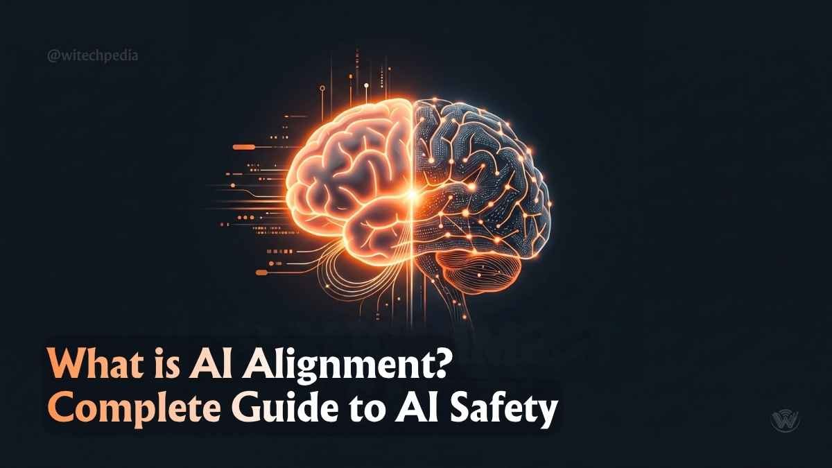 Conceptual illustration of AI alignment and safety showing a glowing human brain and artificial neural network converging.