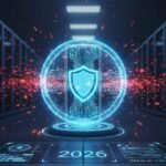 A futuristic digital shield protecting a server network from red AI Cybersecurity Threats in 2026