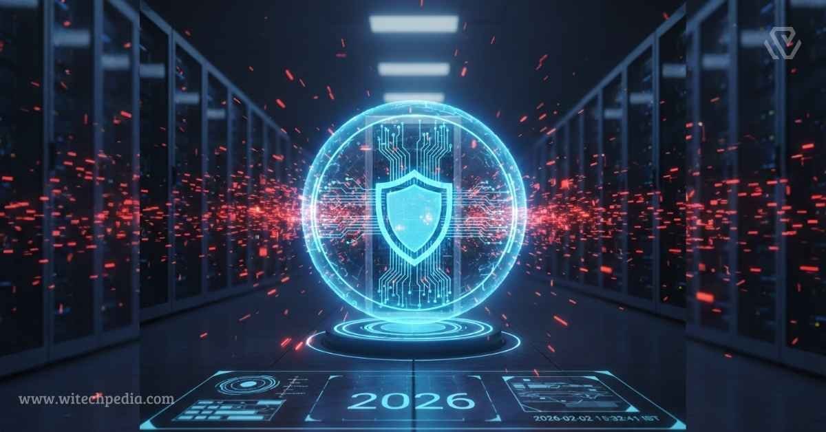 A futuristic digital shield protecting a server network from red AI Cybersecurity Threats in 2026