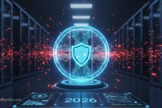 A futuristic digital shield protecting a server network from red AI Cybersecurity Threats in 2026