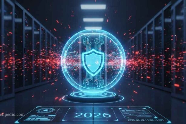 A futuristic digital shield protecting a server network from red AI Cybersecurity Threats in 2026
