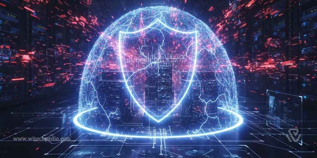 A futuristic digital shield protecting a network from AI-driven cyber threats and glowing code fragments