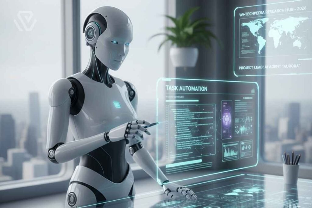 A conceptual image of a futuristic humanoid robot or a digital AI agent interacting with a professional workspace in 2026.