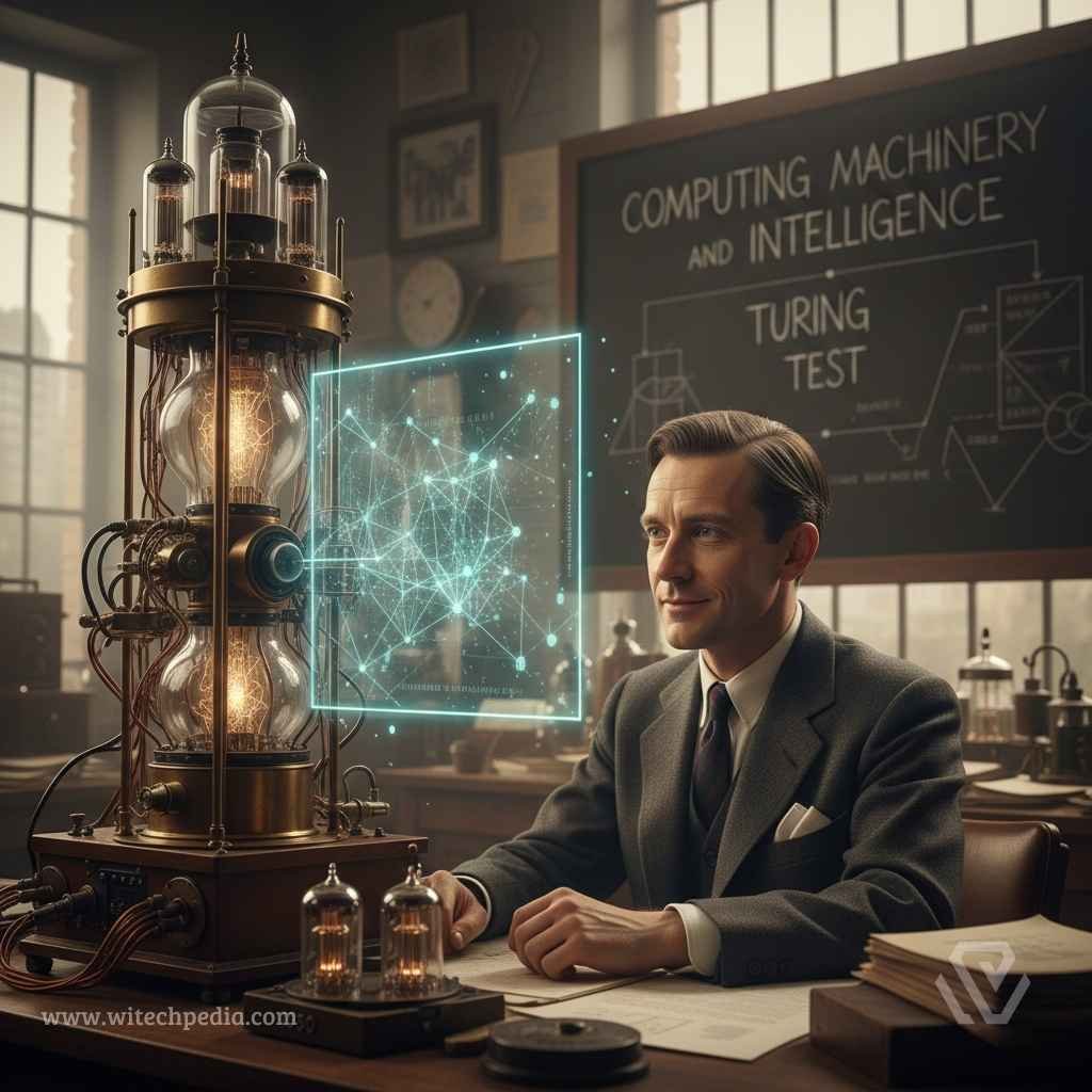A historical portrait of Alan Turing and early computer machinery representing the start of the AI timeline.