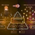 A comprehensive infographic illustrating blockchain technology, comparing centralized Web2 systems with decentralized Web3 networks and smart contract execution.
