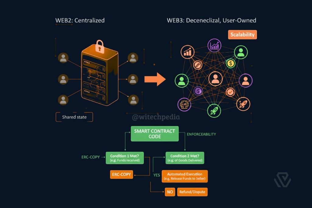 A comparison chart of centralized versus decentralized networks in blockchain technology highlighting the peer-to-peer node structure.