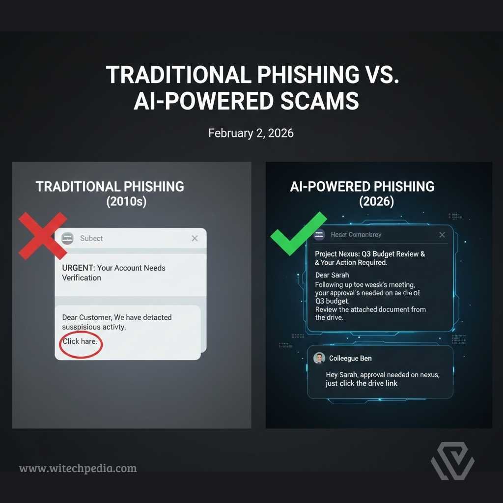 Infographic comparing a generic traditional phishing email with a hyper-personalized AI-generated phishing attack
