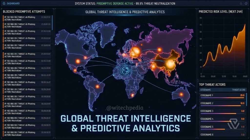 A security operations center dashboard displaying real-time threat intelligence and predictive analytics for preemptive cyber defenses.