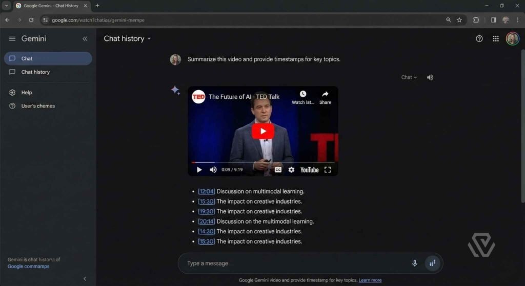 Google Gemini chat window analyzing an uploaded YouTube video and providing a summary with clickable blue timestamps.