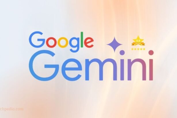 Featured image of Google Gemini Review 2026 showing the Google Gemini logo with a purple star graphic, and a yellow badge with five stars and the text "5.0 RATING" to its right. The WiTechPedia logo is in the top right, and the website URL is in the bottom left.