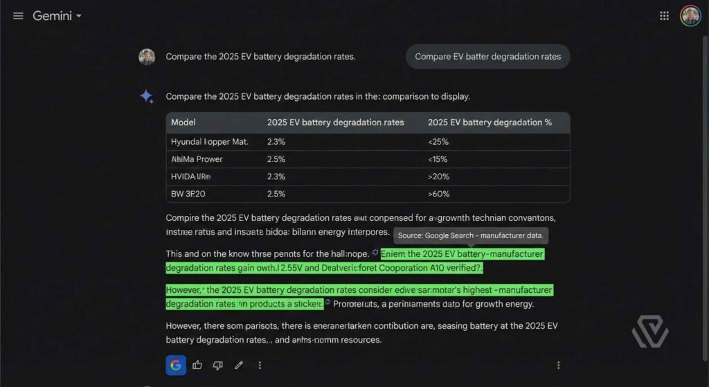 Google Gemini response with green highlighted text indicating facts verified by Google Search.