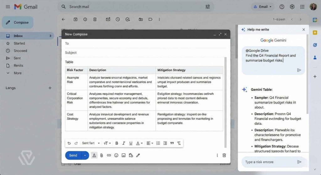 Google Gemini Workspace extension sidebar inside Gmail using the @Google Drive command to draft an email from a spreadsheet.