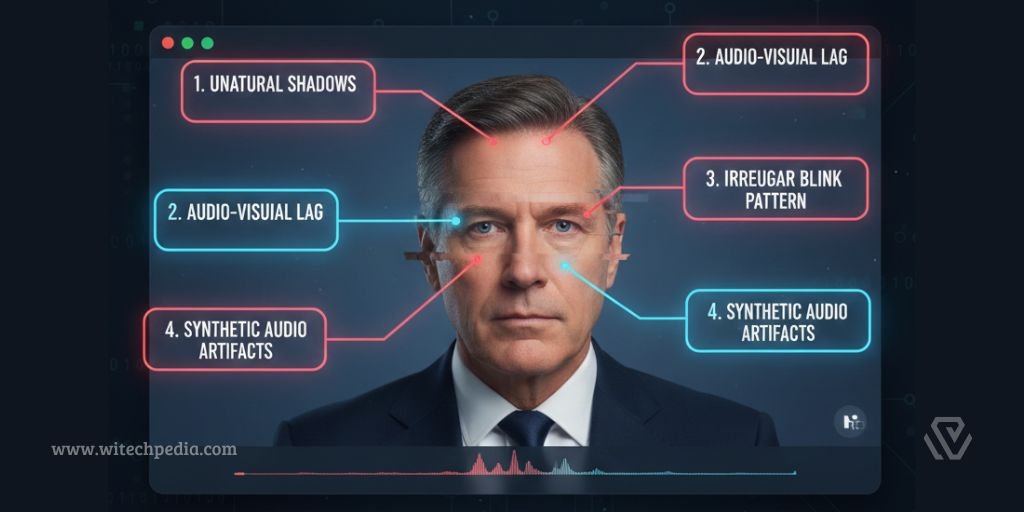 Visual guide highlighting the red flags of an AI-generated deepfake video call, such as unnatural lighting and syncing errors