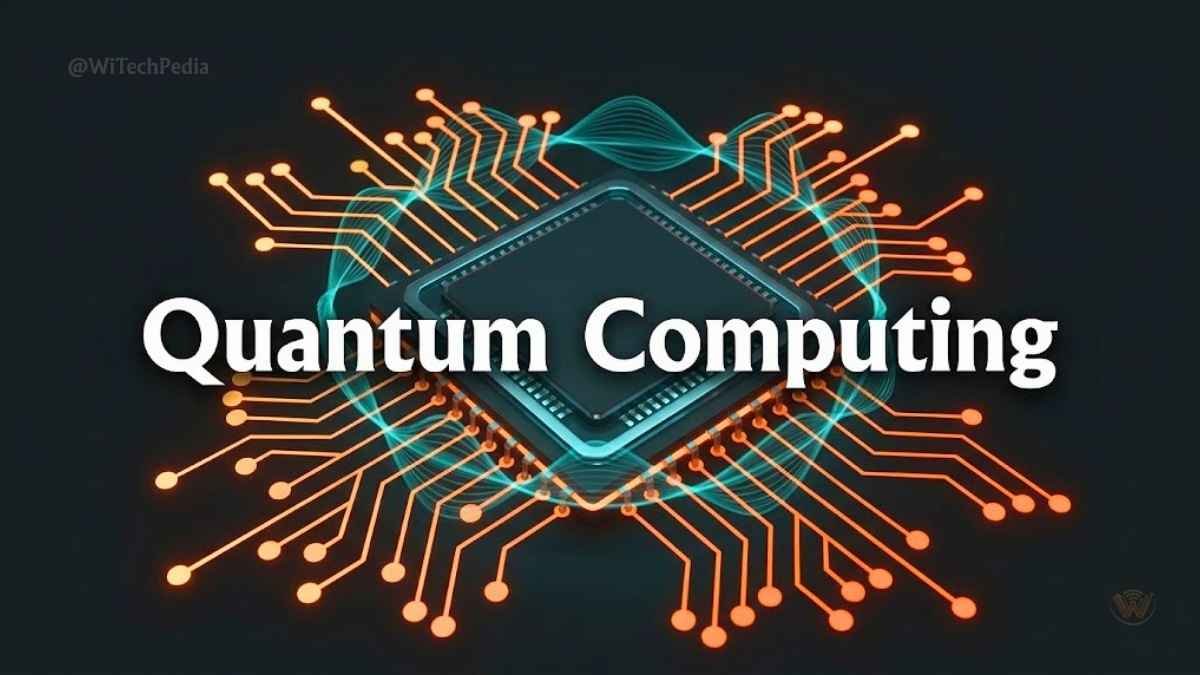 Glowing quantum processor chip with qubits illustrated in orange and dark teal — quantum computing.