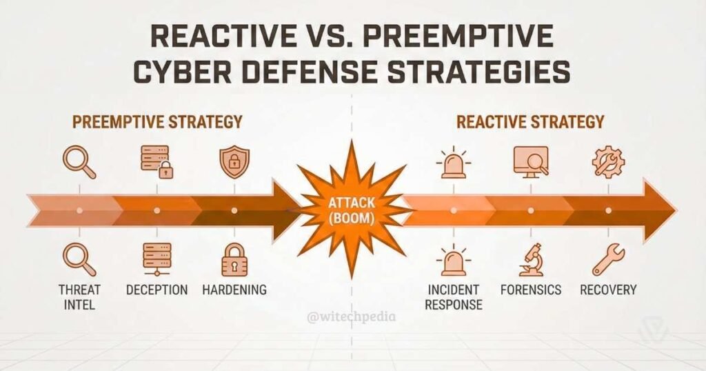 Comparison chart showing the difference between reactive security and preemptive cyber defenses strategies in a timeline.