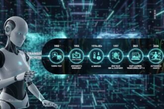 A comprehensive infographic showing the evolution of artificial intelligence from the 1950 Turing Test to 2026 Agentic AI realities.