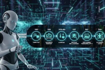A comprehensive infographic showing the evolution of artificial intelligence from the 1950 Turing Test to 2026 Agentic AI realities.
