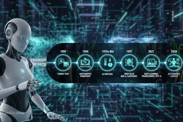 A comprehensive infographic showing the evolution of artificial intelligence from the 1950 Turing Test to 2026 Agentic AI realities.