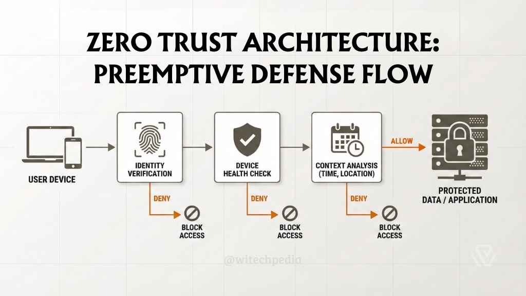 Zero Trust Architecture diagram showing identity verification steps required for preemptive cyber defenses.