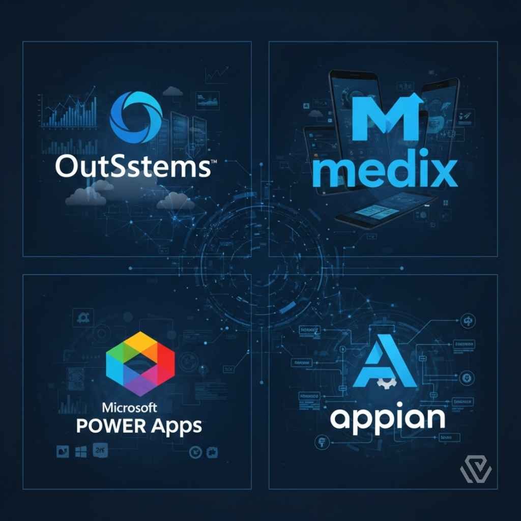 Grid of OutSystems, Mendix, Microsoft Power Apps, and Appian logos with tech-themed backgrounds.