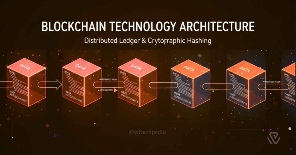 A technical diagram illustrating blockchain technology architecture showing blocks connected in a chain with cryptographic hashes.