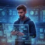 In this low-code programming revolution 2026 featured images, A developer using a holographic interface with streaming code and glowing AI neural network overlays.