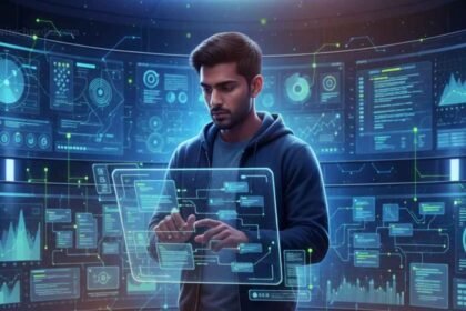 In this low-code programming revolution 2026 featured images, A developer using a holographic interface with streaming code and glowing AI neural network overlays.